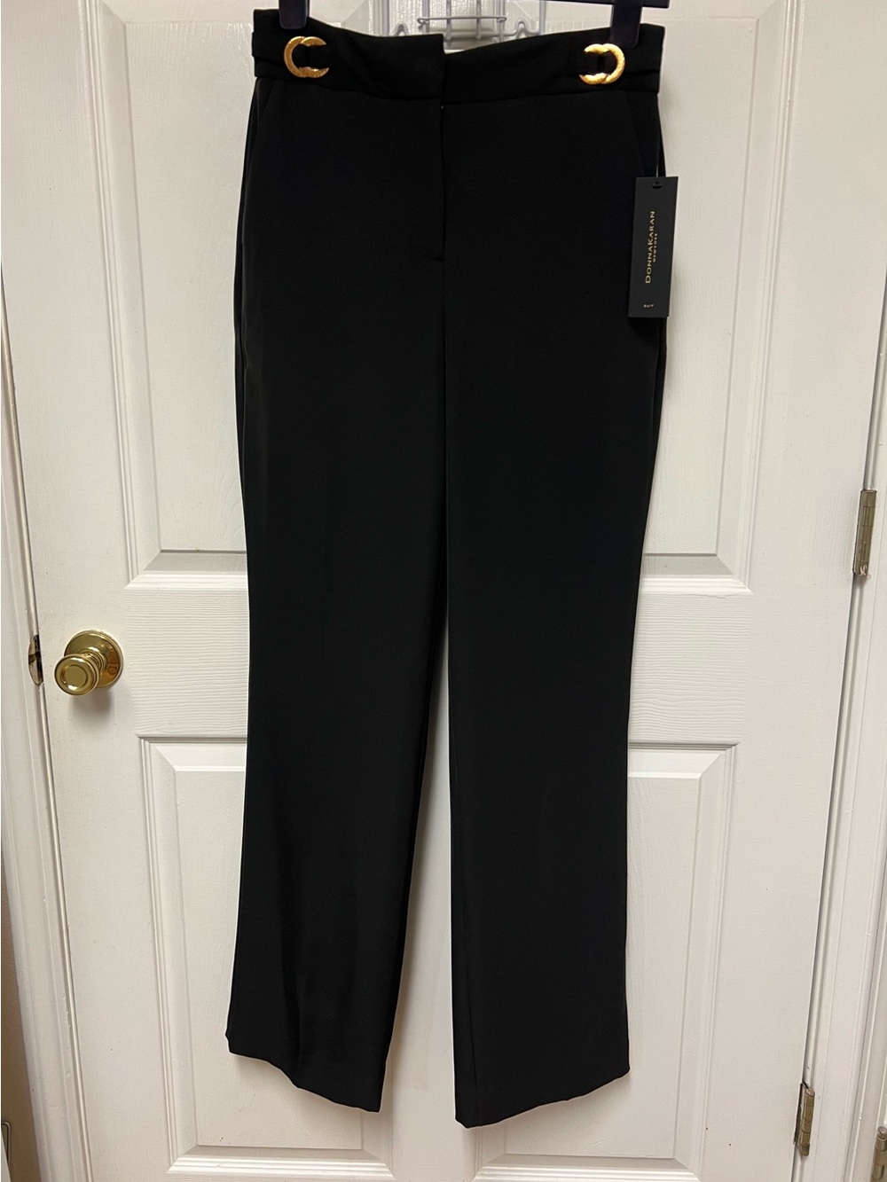 Donna Karan Suit Black High-Waist Straight Leg Pants with Gold Accents